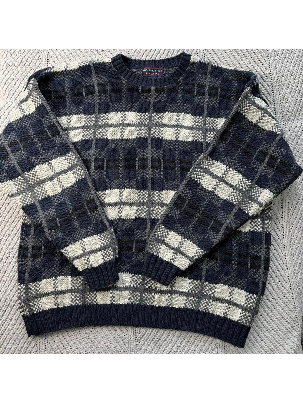 Vintage 90s Blue Gray Plaid Pullover Grandpa Sweater Retro Soft Boy Cottage L